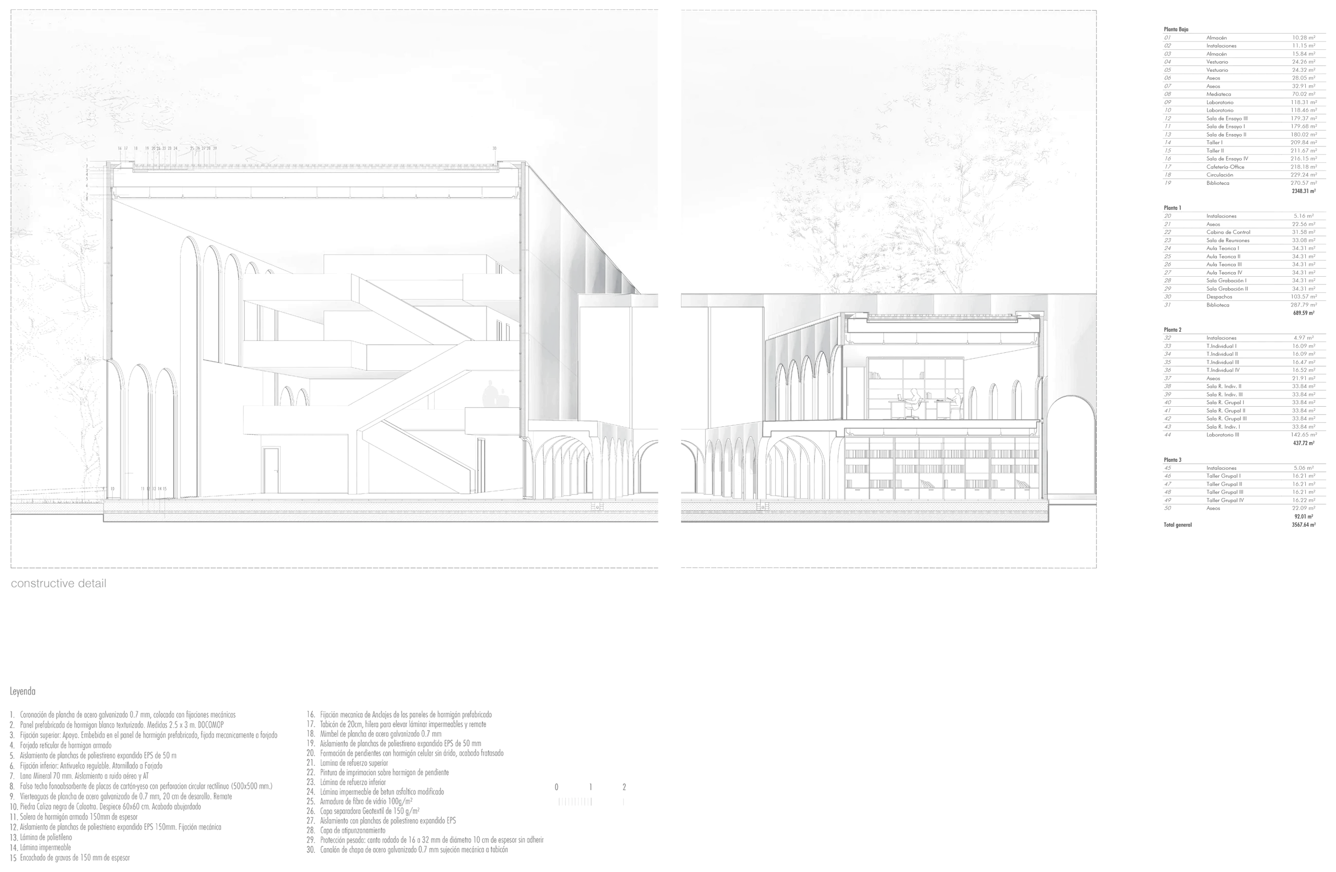 Constructive detail sheet: two sections cut through the building at 1:20, a legend of thirty numbered build-up layers, and a schedule of every room on all four floors with its area.