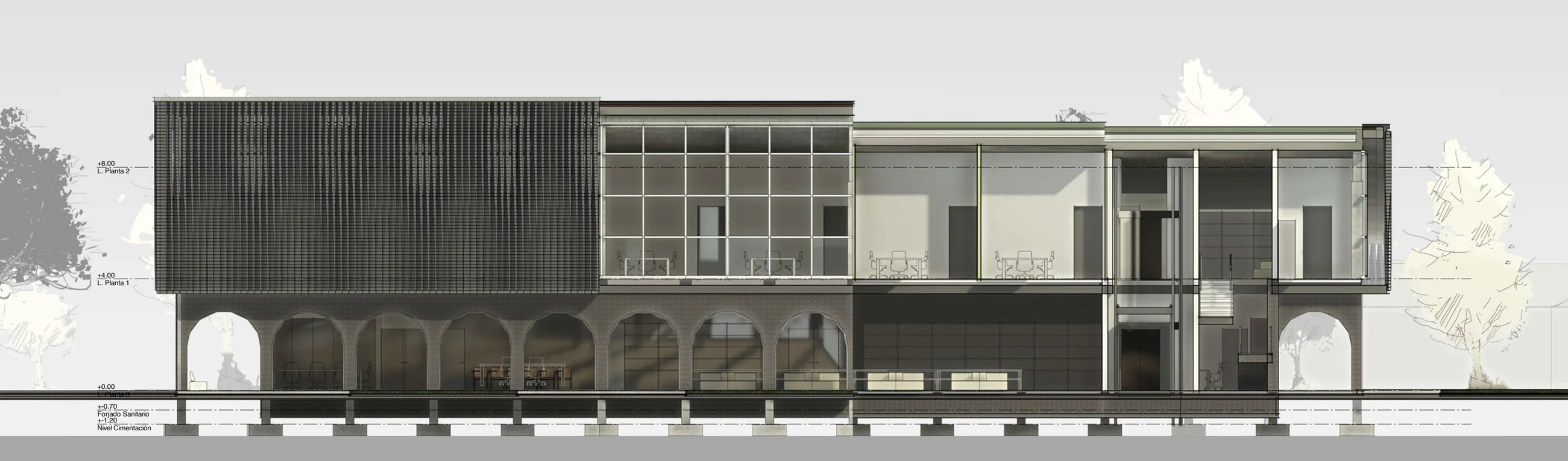 Full longitudinal section: the brick screen above, the arcade of arches below, running the length of the building.