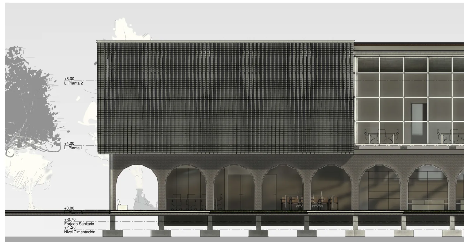 Façade section: the brick screen above, the arcade of arches below.