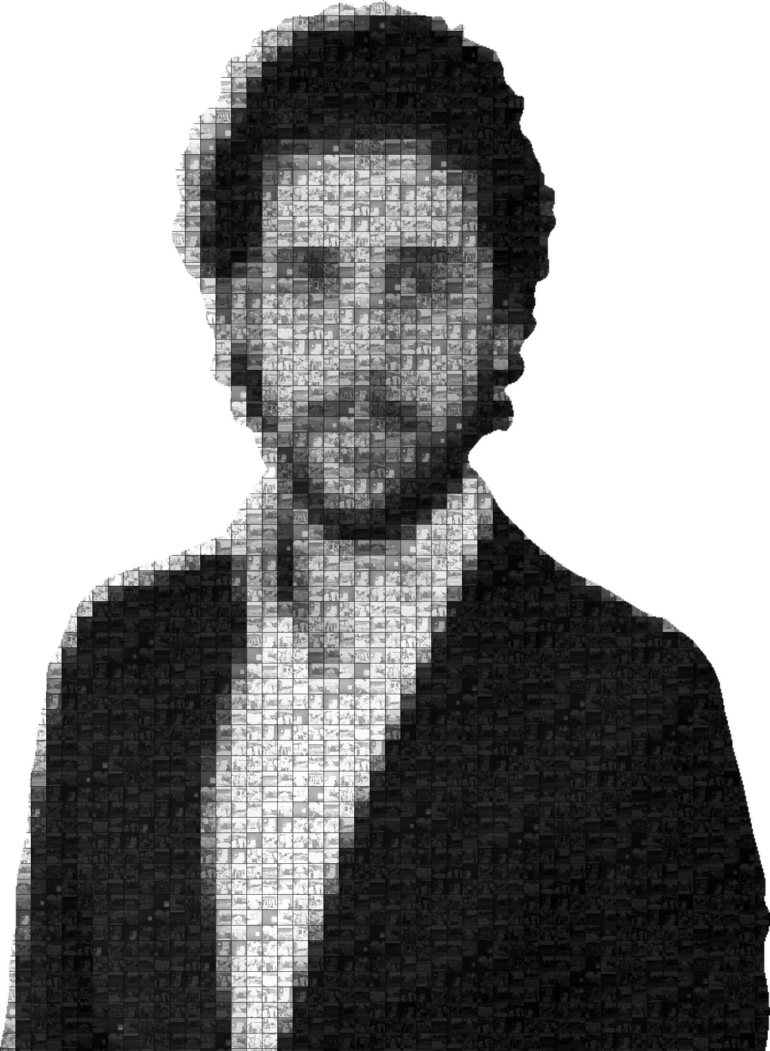 A portrait made of a grid of photographs of the people he has worked, built and travelled with.