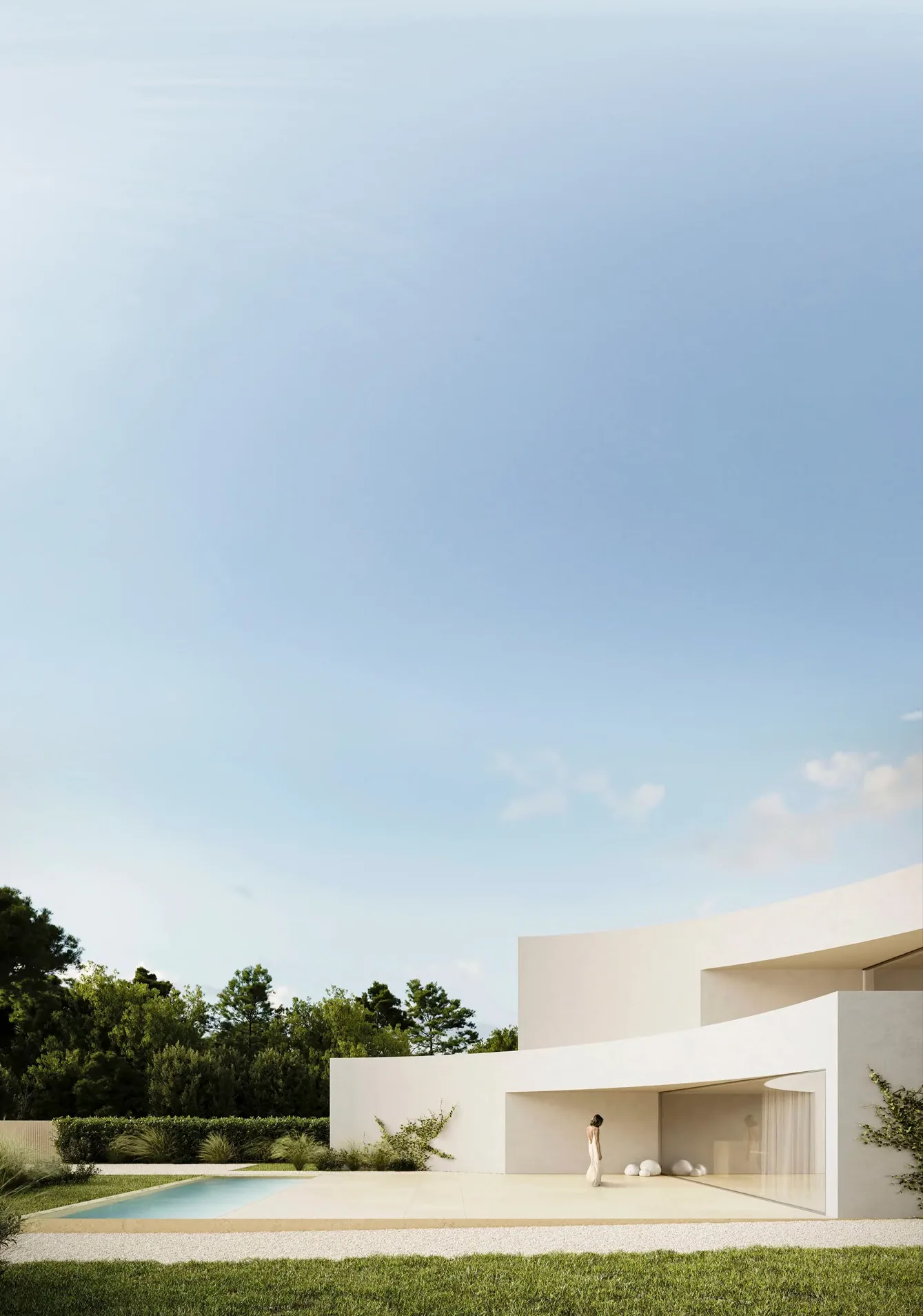 The Moons: a white curvilinear house with a pool, seen from the garden.