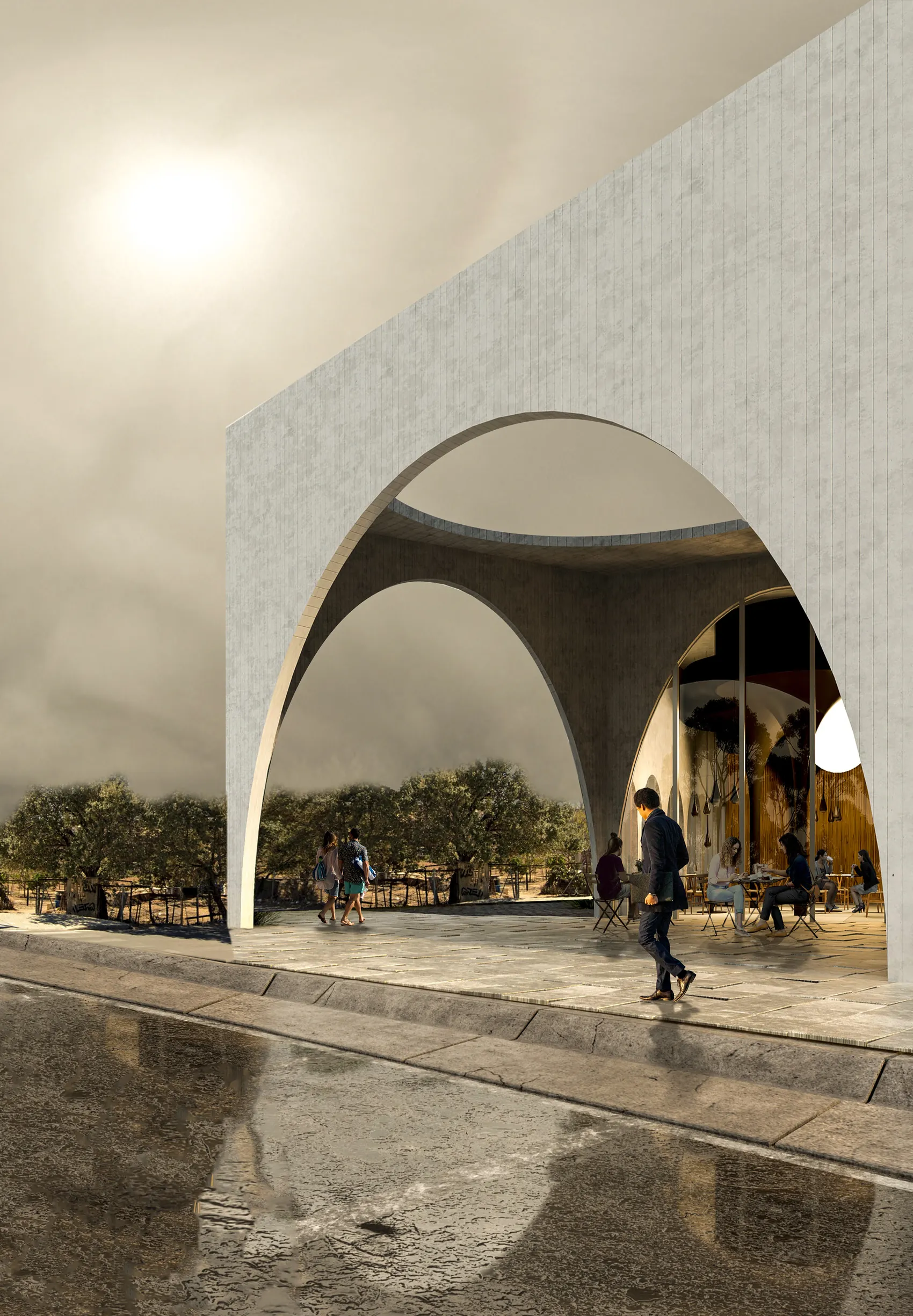 A tall parabolic concrete vault framing the public entrance on a wet plaza.