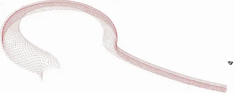 The roof's tube lattice assembling itself from the definition: the bare plan curve, then the full structure.