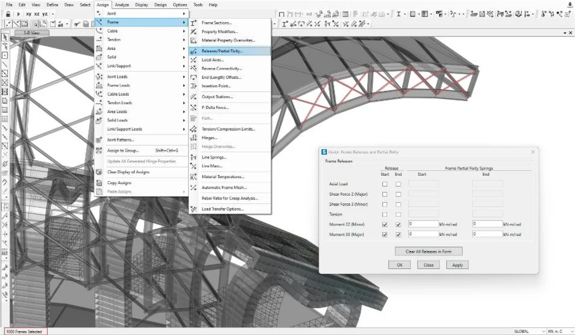 SAP 2000 with the roof selected: moment releases being assigned to a thousand members in a single operation.