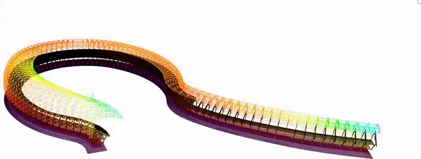 The solved model moving under the seismic case: the whole roof and stands deforming, coloured by stress.