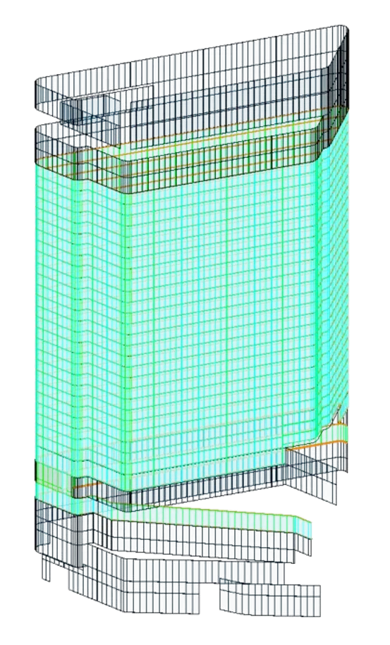 Parametric facade model of the tower, panel zones colour-coded by type.