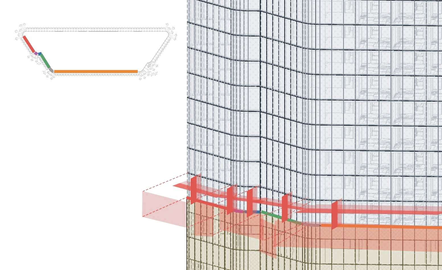 Shop-drawing detail of the curtain wall's setting-out geometry.