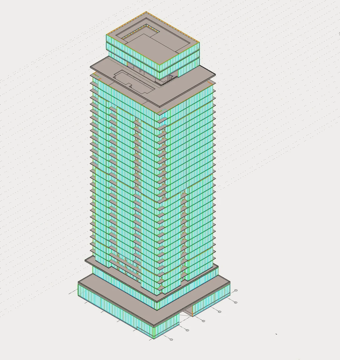 The residential tower's BIM model: every window-wall panel placed automatically, floor by floor, from the system's own rules.