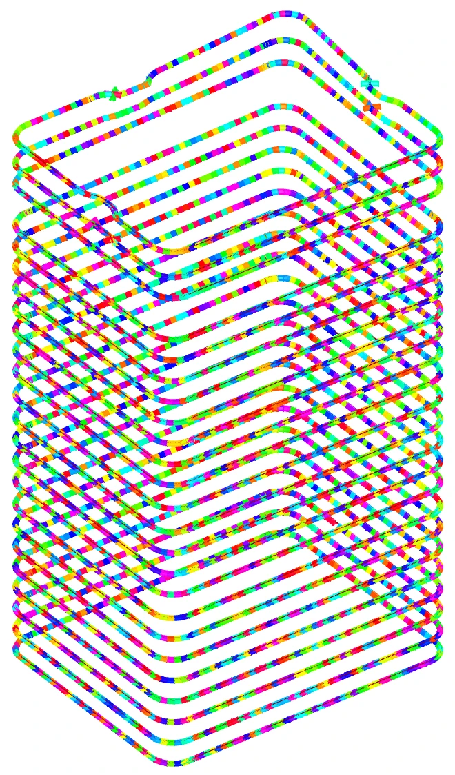 The computed working points and arc centres of every floor plate, stacked, each floor in its own colour.