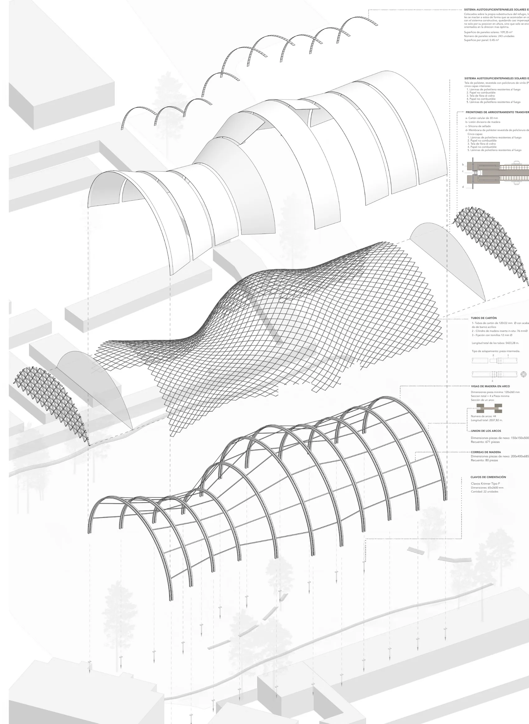 Exploded axonometric of the refuge: membrane, diagonal grid, timber arches and ground anchors, annotated with the material take-off.